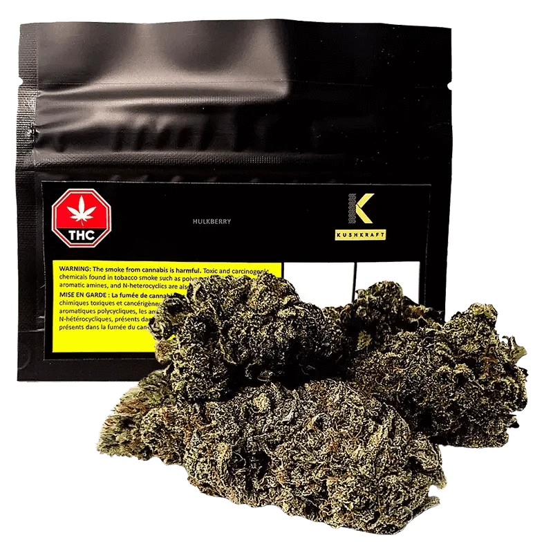 Close-up of the Kushberry Hulkberry package with a red THC logo and black background.