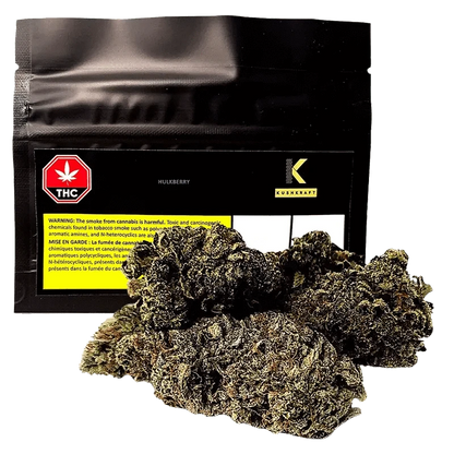 Close-up of the Kushberry Hulkberry package with a red THC logo and black background.