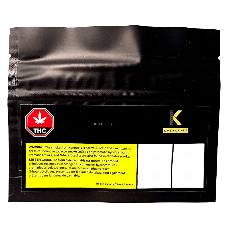 Front view of the Hulkberry packaging featuring a dark background with bold lettering and a red warning symbol.