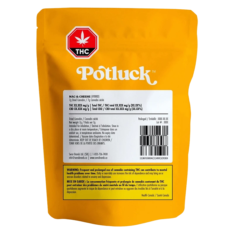 Rear view of the bright yellow Potluck Mac and Cheese pouch showing a white product label, barcode and THC warning badge.