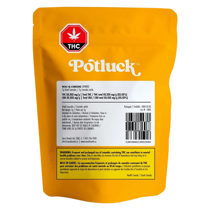 Rear view of the bright yellow Potluck Mac and Cheese pouch showing a white product label, barcode and THC warning badge.