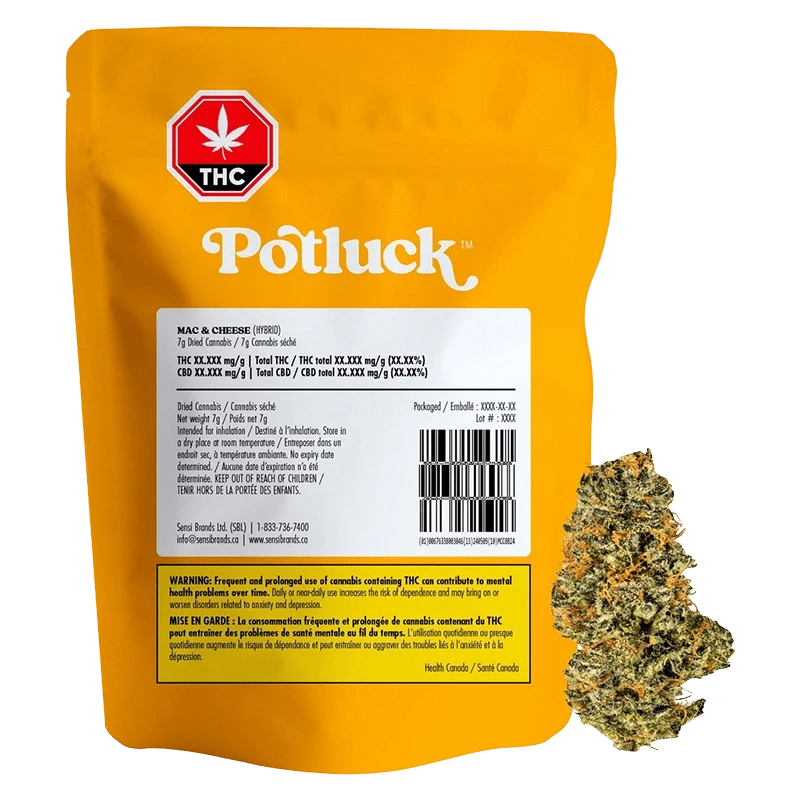 Front-facing shot of a yellow pouch labeled Potluck Mac and Cheese with a white info panel and a cannabis bud at the lower right.