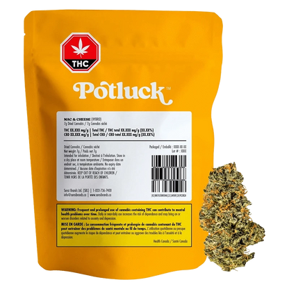 Front-facing shot of a yellow pouch labeled Potluck Mac and Cheese with a white info panel and a cannabis bud at the lower right.