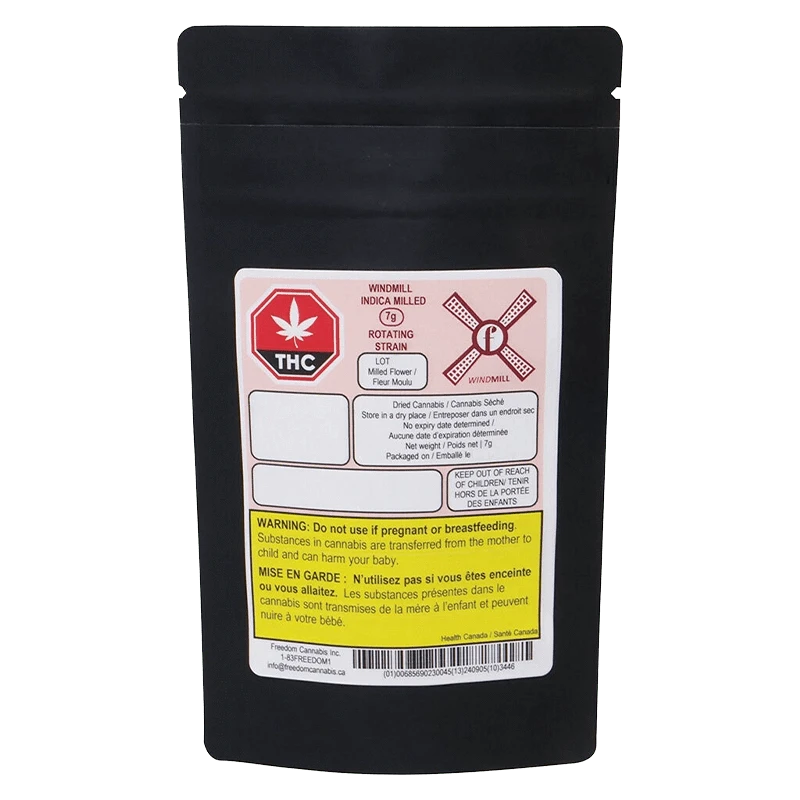 Rear view of the black pouch showing the label for WindMill (Indica) with THC symbol and warning blocks.