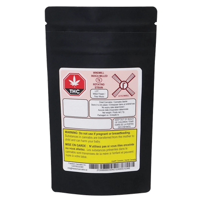 Rear view of the black pouch showing the label for WindMill (Indica) with THC symbol and warning blocks.