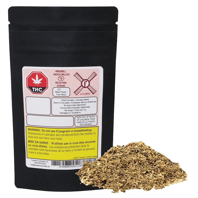 Front-facing black pouch labeled "WindMill (Indica)" standing next to a small mound of light-brown milled cannabis.