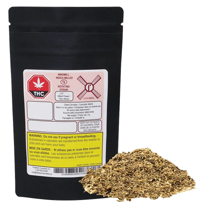 Front-facing black pouch labeled "WindMill (Indica)" standing next to a small mound of light-brown milled cannabis.