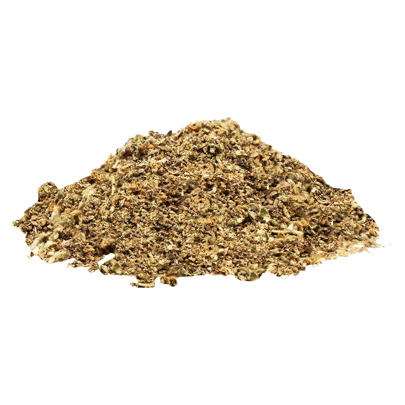 A low-angle view of a loose golden-brown herbal pile labeled WindMill (Indica) against a transparent background.