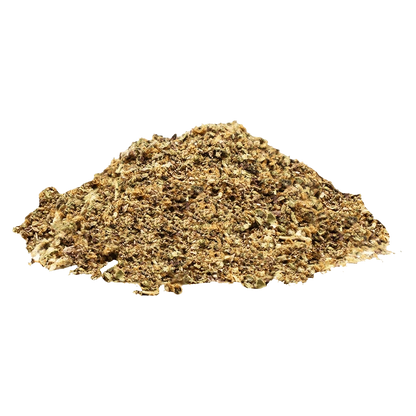 A low-angle view of a loose golden-brown herbal pile labeled WindMill (Indica) against a transparent background.