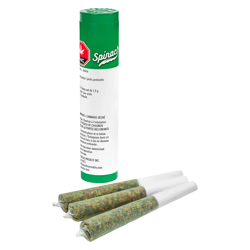 Angled view of a green-and-white tube labeled GMO (Garlic Mushroom Onion) Cookies PR 3 x 0.5 g standing behind three pre-rolled joints on a white background.