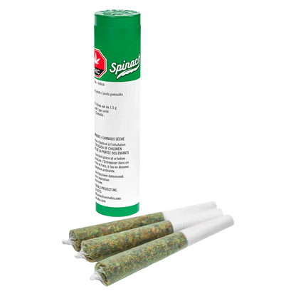 Angled view of a green-and-white tube labeled GMO (Garlic Mushroom Onion) Cookies PR 3 x 0.5 g standing behind three pre-rolled joints on a white background.