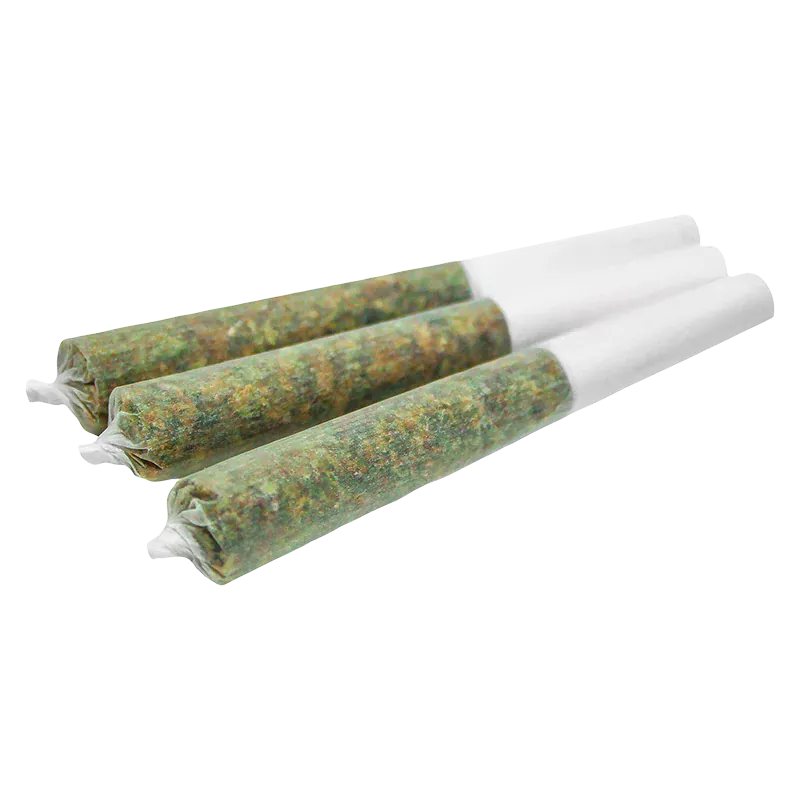 Close three-quarter view of three rolled green joints labeled GMO (Garlic Mushroom Onion) Cookies PR 3 x 0.5 g with white filtered tips on a white background