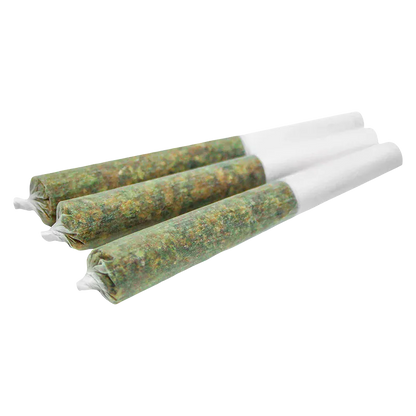 Close three-quarter view of three rolled green joints labeled GMO (Garlic Mushroom Onion) Cookies PR 3 x 0.5 g with white filtered tips on a white background