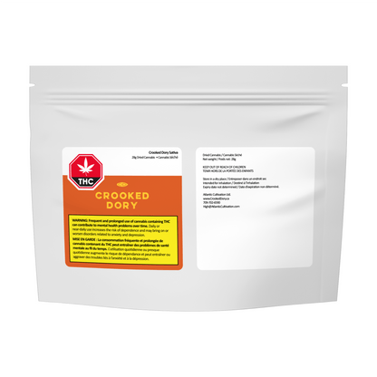 Close-up of the Crooked Sativa package against a dark background, displaying warning text in French.