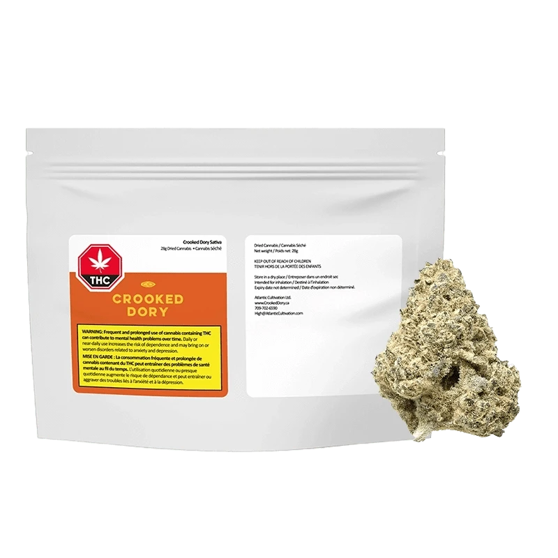 Front view of the Crooked Dory Sativa packaging featuring warning text against cannabis use.