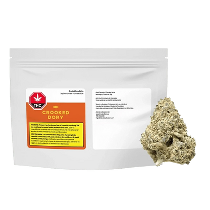 Front view of the Crooked Dory Sativa packaging featuring warning text against cannabis use.