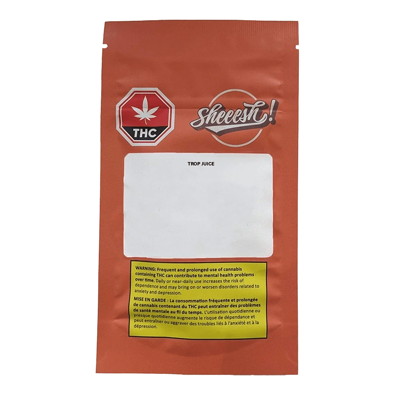 Trop Juice Pre Rolled 7 x 0.5 g is shown in a close-up, angled view against a dark background, displaying branded packaging and a warning message.