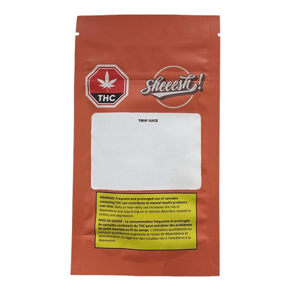 Trop Juice Pre Rolled 7 x 0.5 g is shown in a close-up, angled view against a dark background, displaying branded packaging and a warning message.