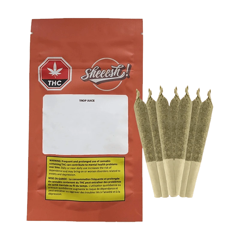 A close-up of the Trop Juice Pre Rolled 7 x 0.5 g packaging shows the product’s logo and a warning about THC use.