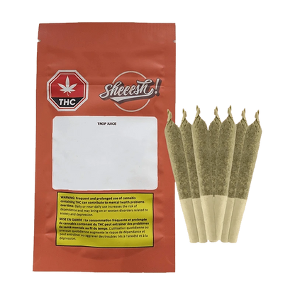 A close-up of the Trop Juice Pre Rolled 7 x 0.5 g packaging shows the product’s logo and a warning about THC use.