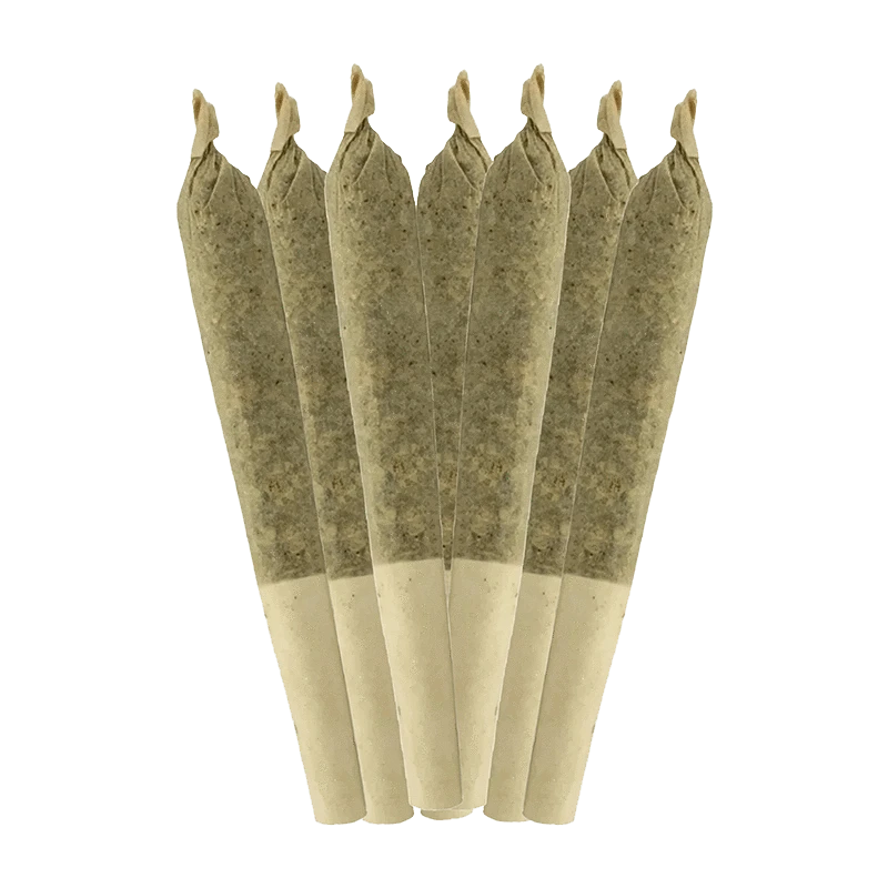 A close-up, angled view of seven Trop Juice Pre Rolled 0.5g pre-rolls with a green and white color scheme.