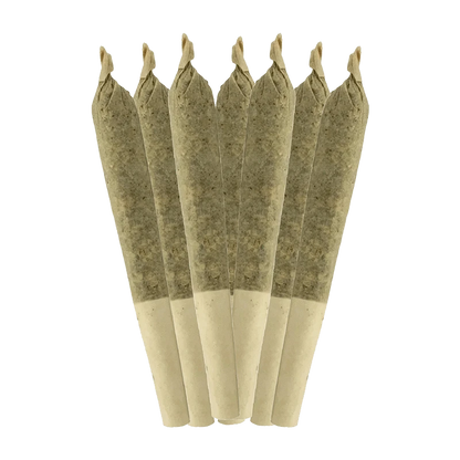 A close-up, angled view of seven Trop Juice Pre Rolled 0.5g pre-rolls with a green and white color scheme.