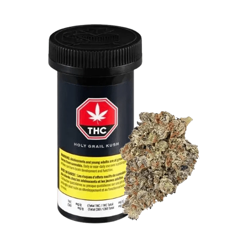 Close-up of the Holy Grail cannabis bud, showcasing its dense, textured surface against a dark background.