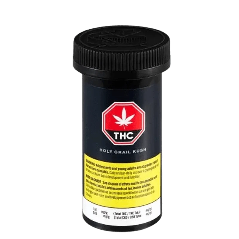 Front view of the Holy Grail product packaging, featuring a dark label with white text and a red THC symbol.