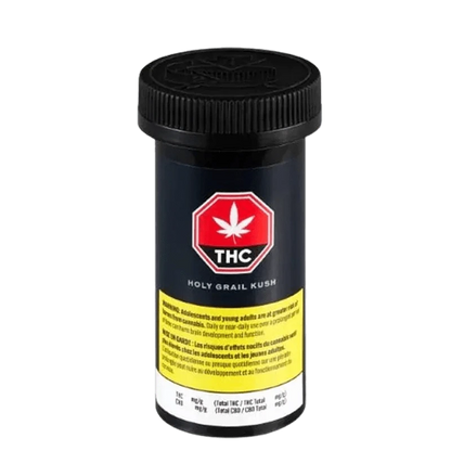 Front view of the Holy Grail product packaging, featuring a dark label with white text and a red THC symbol.