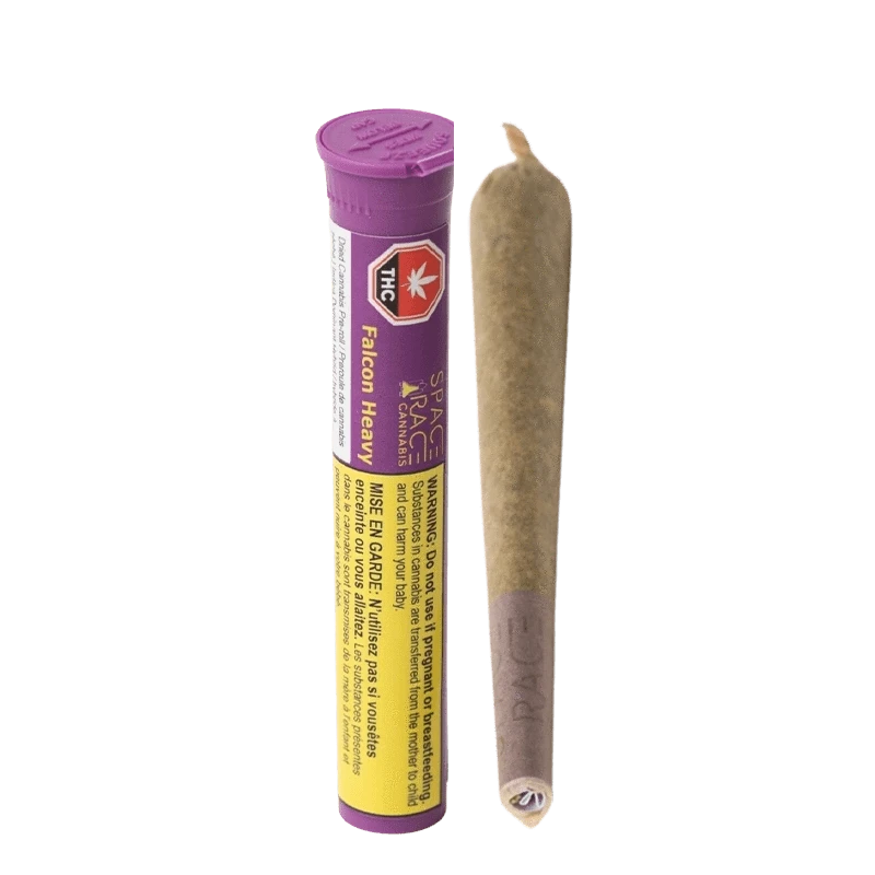 Close-up of the Falcon Heavy Pre Rolled 1 x 1 g packaging with bold graphics and warning labels against a black background.