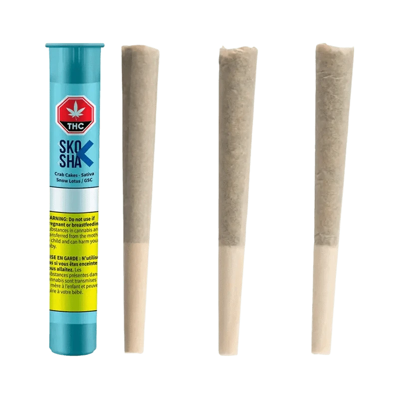 Close-up of the Crab Cakes Pre Rolled 3 x 0.5 g package with bold text against a dark background.