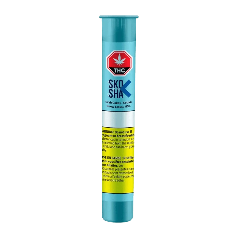Front view of the Crab Cakes Pre Rolled 3 x 0.5 g packaging, featuring a colorful design and bold branding against a black background.