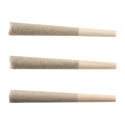 A close-up view of the Crab Cakes Pre Rolled 3 x 0.5 g pre-rolls, showing the paper-wrapped cannabis buds.