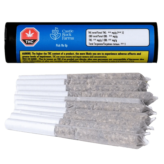 Close-up of the Pick Me Up Pre Rolled 10 x 0.5 g packaging displaying a THC logo and product details on a white background.