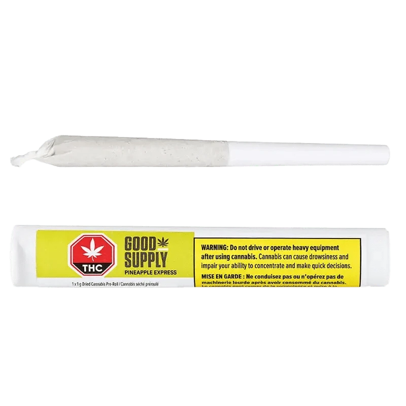 Front view of the Pineapple Express Pre Rolled 1 x 1 g package with warning text on a plain white background.
