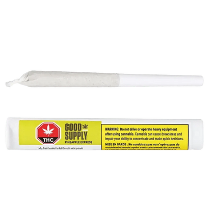 Front view of the Pineapple Express Pre Rolled 1 x 1 g package with warning text on a plain white background.