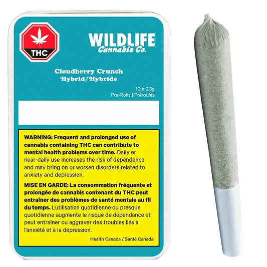 Cloudberry Crunch Pre Rolled 10 x 0.3 g, a close-up shot of a warning label with a green cannabis leaf on a white background.