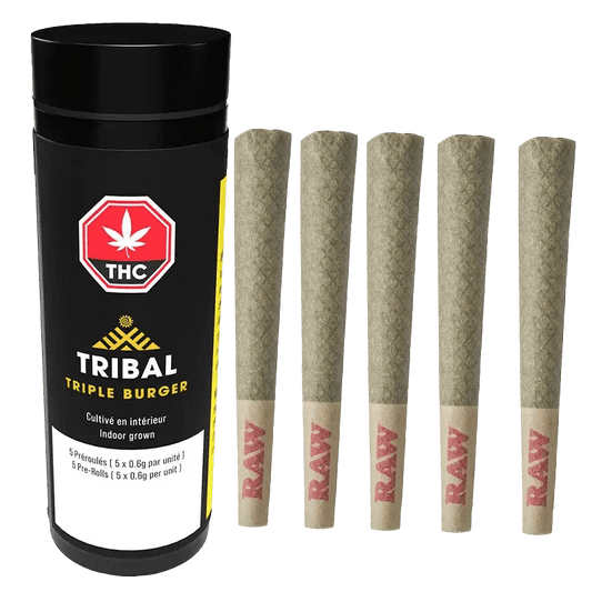 Front view of the Triple Burger Pre Rolled 5 x 0.6 g pre-rolls against a dark background, displaying branded packaging.