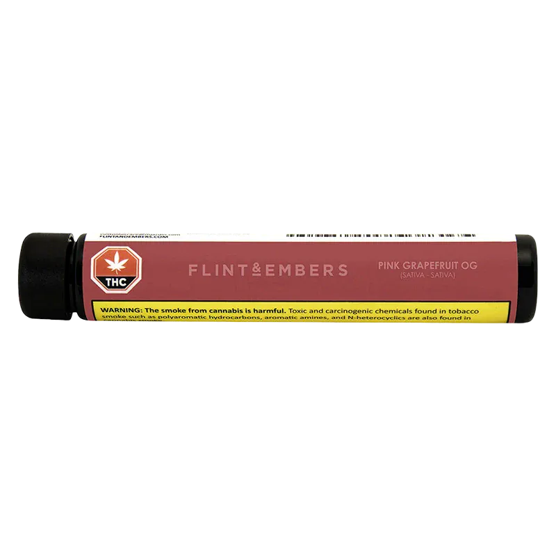 Horizontal front view of the Flint & Embers Pink Grapefruit OG PR 1 x 1 g tube on a white background, showing the pink label and warning strip.