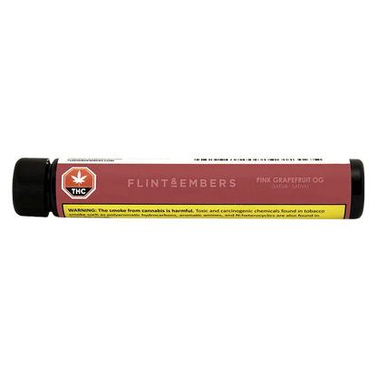 Horizontal front view of the Flint & Embers Pink Grapefruit OG PR 1 x 1 g tube on a white background, showing the pink label and warning strip.