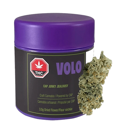 Front view of the CAP Junky Jealousy product, showcasing a purple container with bold white text against a dark background.