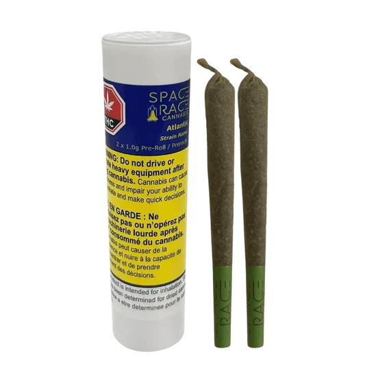 Close-up of the Atlantis Pre Rolled 2 x 1.0 g pre-rolls with a vibrant branded packaging, angled against a dark background.