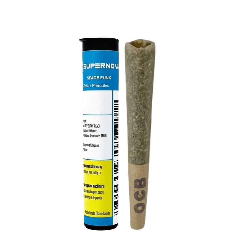 Close-up of the Space Funk Pre Rolled 0.5 g pre-roll against a black background, highlighting the packaging details.