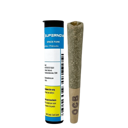 Close-up of the Space Funk Pre Rolled 0.5 g pre-roll against a black background, highlighting the packaging details.