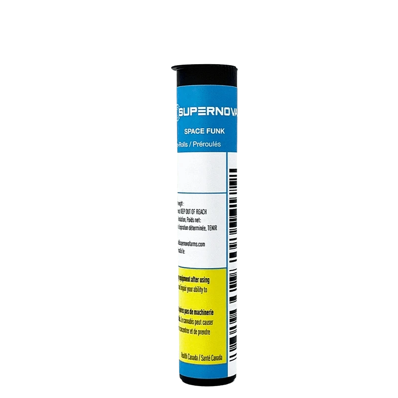 Close-up of the Space Funk Pre Rolled 1 x 0.5 g packaging with bold text against a dark background.