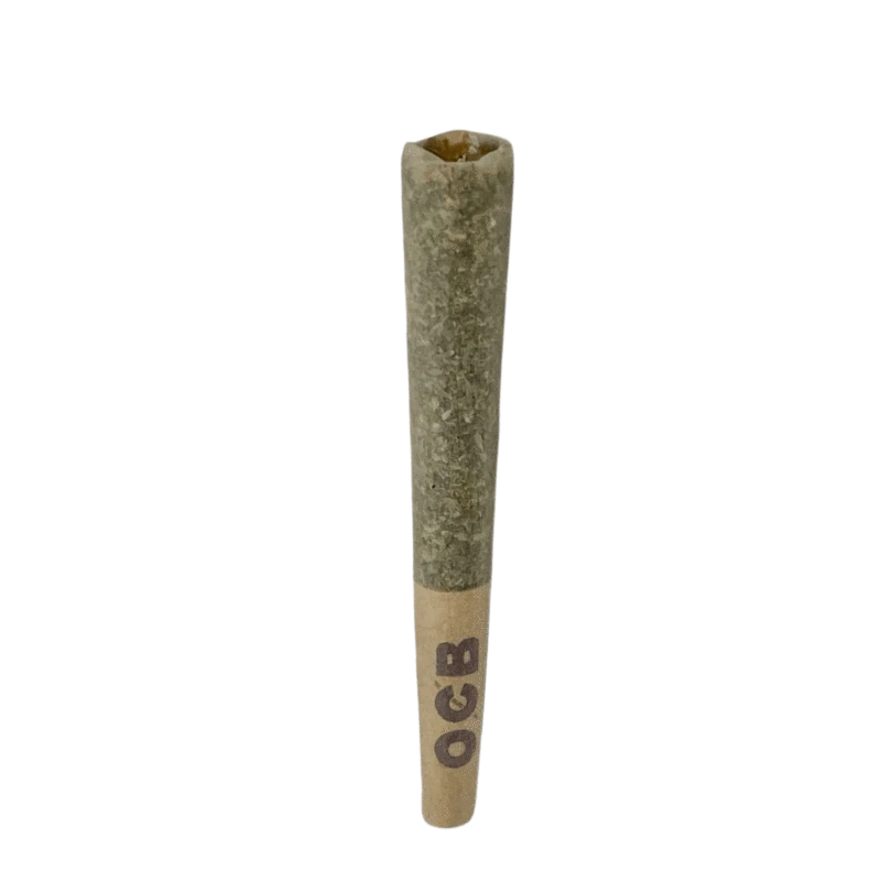 Close-up of the Space Funk Pre Rolled 1 x 0.5 g pre-roll, a cylindrical paper roll with a slightly conical shape, against a plain white background.