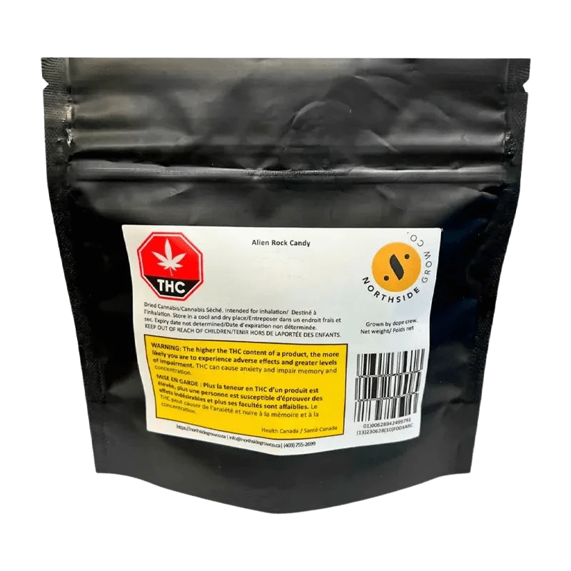 Front view of the Alien Rock Cndy package with a white label and dark background, displaying health warnings in French and English.