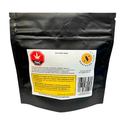 Front view of the Alien Rock Cndy package with a white label and dark background, displaying health warnings in French and English.