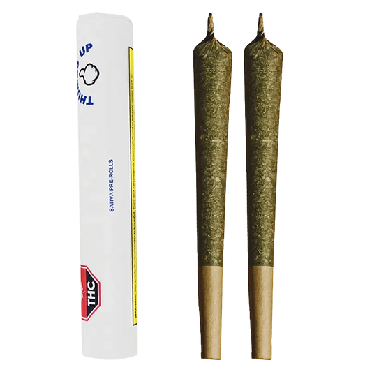 Front view of the Sativa Pre Rolled 2 x 1 g joints, displaying their slender form and branding on a plain white background.