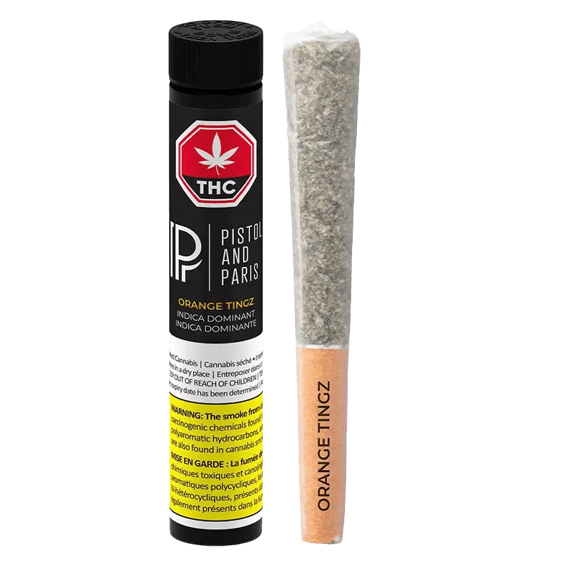 Orange Tingz Pre Rolled 3 x 0.5 g packaging displayed at a slight angle, showcasing its vibrant orange and white design.